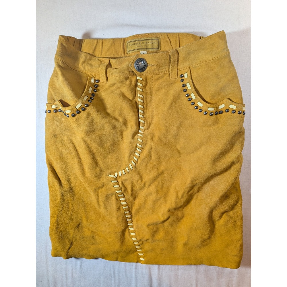 Double D Ranch Mustard Yellow Suede Fringe Studded Whipstitch Western Skirt 4